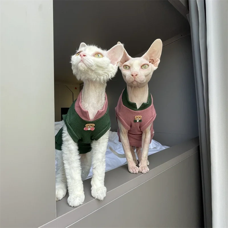 Clothing for Cat Summer Soft High Stretch Waffle T-shirt for Sphynx Cat Spring Sweet Pink Green Cartoon Bear Vest for Kittens