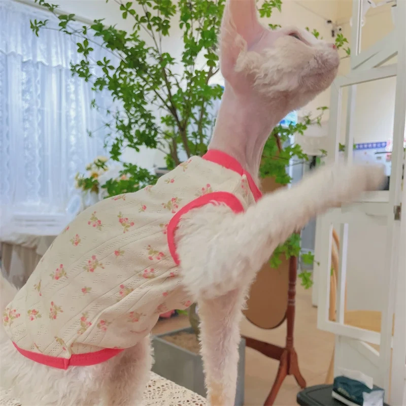 Breathable Mesh Cotton T-shirt for Hairless Cat Sweet Red Floral Summer Vest for Sphynx Cat Devon Rex Loungewear in Spring