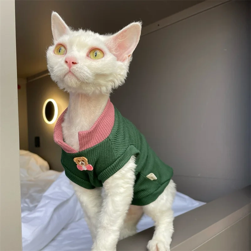 Clothing for Cat Summer Soft High Stretch Waffle T-shirt for Sphynx Cat Spring Sweet Pink Green Cartoon Bear Vest for Kittens