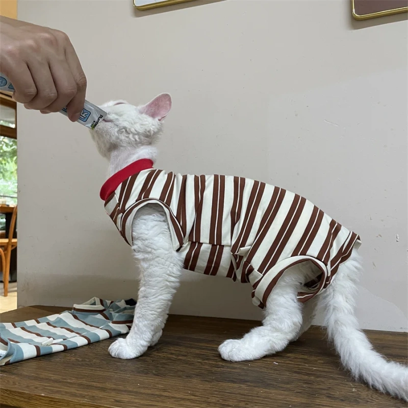 Soft Summer Suit for Cat Four-LeggedShort Sleeves Cotton Striped Brown T-shirt for Sphinx Cat in Spring Soft Vest for Kittens