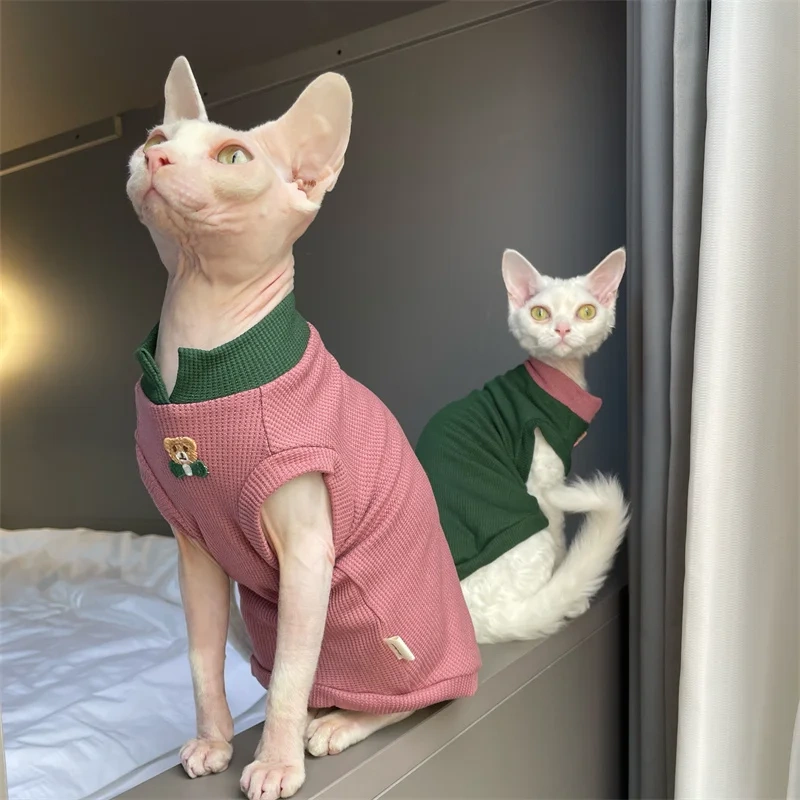 Clothing for Cat Summer Soft High Stretch Waffle T-shirt for Sphynx Cat Spring Sweet Pink Green Cartoon Bear Vest for Kittens