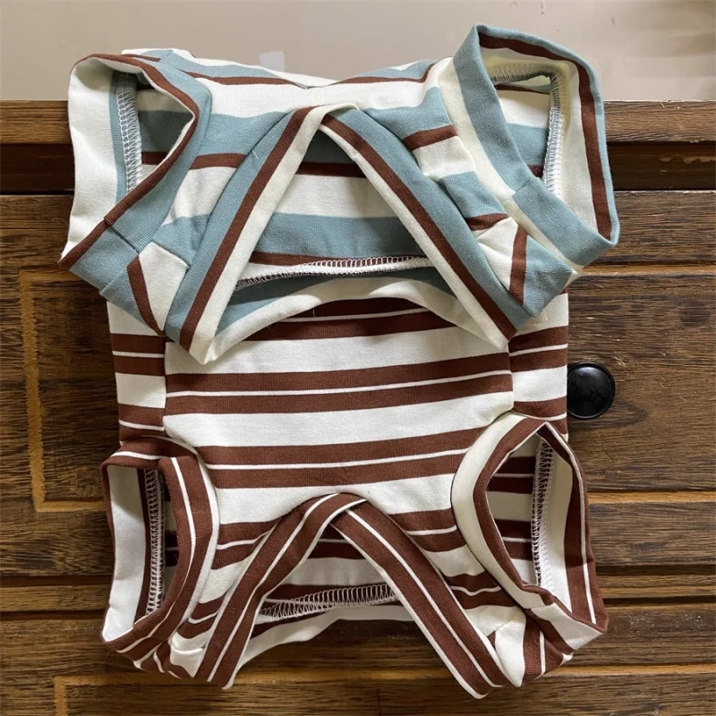 Soft Summer Suit for Cat Four-LeggedShort Sleeves Cotton Striped Brown T-shirt for Sphinx Cat in Spring Soft Vest for Kittens