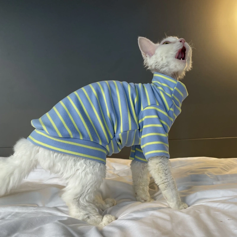 Winter Long Sleeved Coat for Sphynx Cat Soft Warm Cotton Fleece Striped T-shirt for Devon Rex Autumn Grey Green Pajamas for Cats