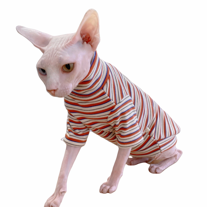 Winter Long Sleeved Coat for Sphynx Cat Soft Warm Cotton Fleece Striped T-shirt