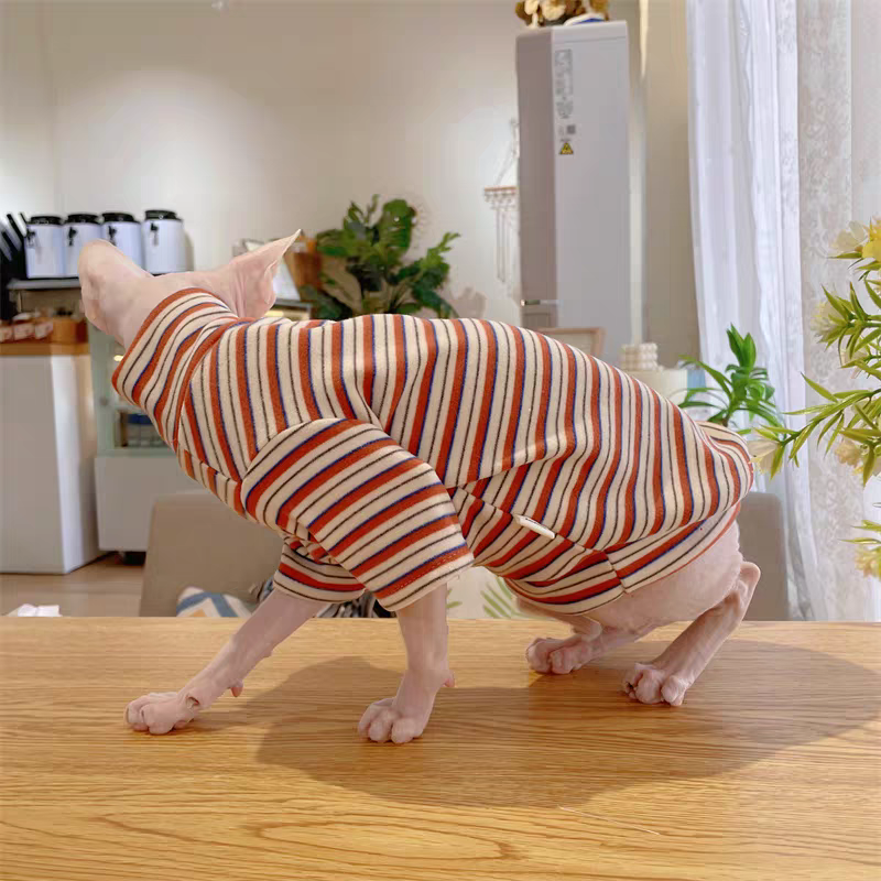 Winter Long Sleeved Coat for Sphynx Cat Soft Warm Cotton Fleece Striped T-shirt