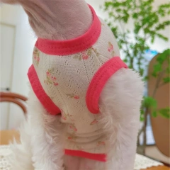 Breathable Mesh Cotton T-shirt for Hairless Cat Sweet Red Floral Summer Vest for Sphynx Cat Devon Rex Loungewear in Spring