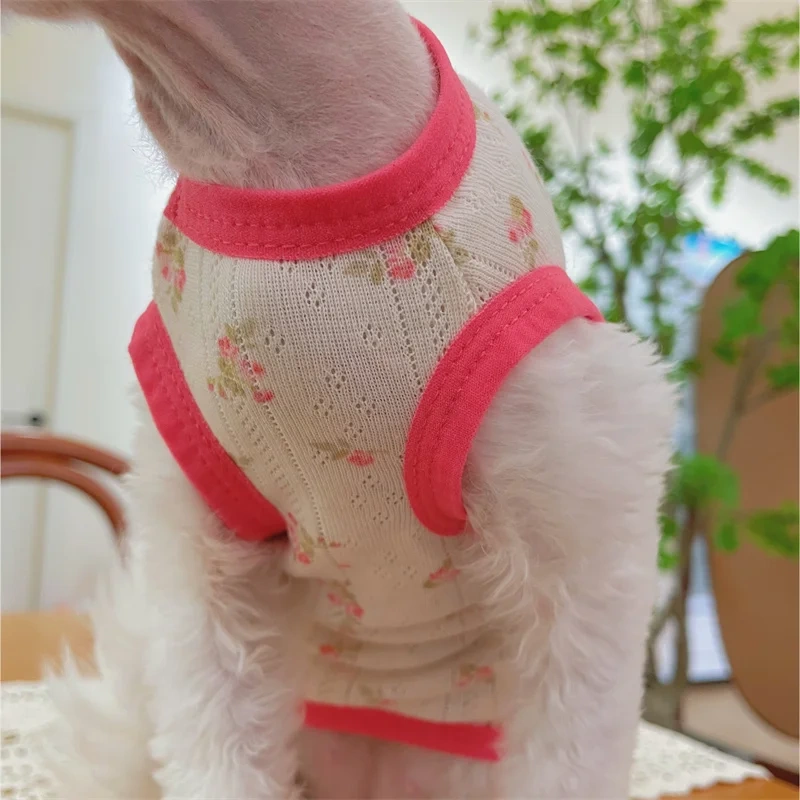 Breathable Mesh Cotton T-shirt for Hairless Cat Sweet Red Floral Summer Vest for Sphynx Cat Devon Rex Loungewear in Spring