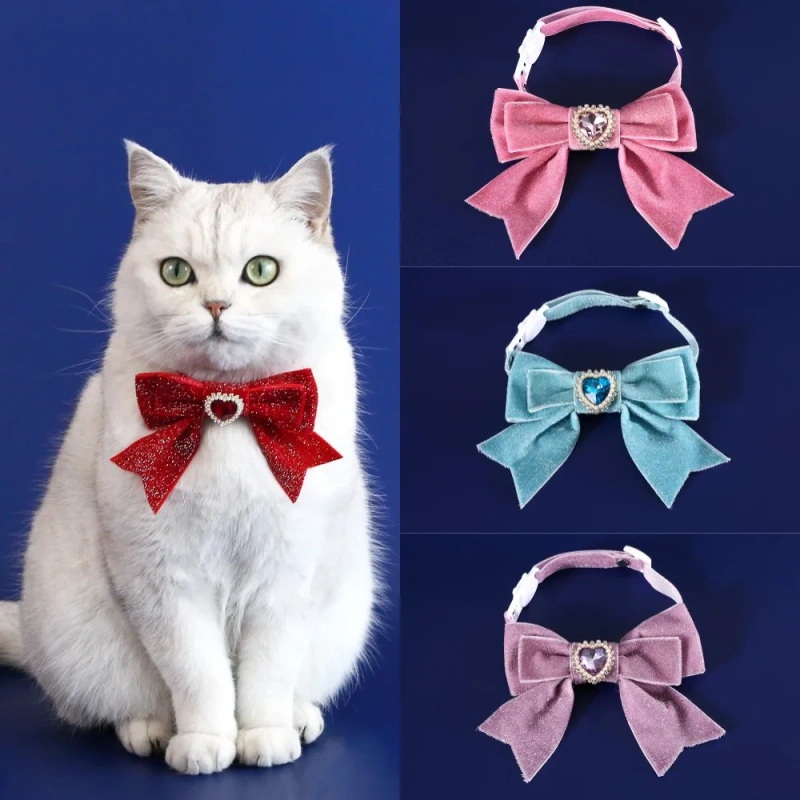 1pcs Cats Collar Adjustable Anti-Choking Puppy Necklace Heart Shape Velvet Bow Tie Dog Collar Rhinestone Decoration Pet Collar