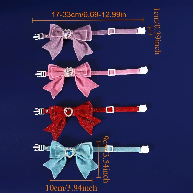 1pcs Cats Collar Adjustable Anti-Choking Puppy Necklace Heart Shape Velvet Bow Tie Dog Collar Rhinestone Decoration Pet Collar