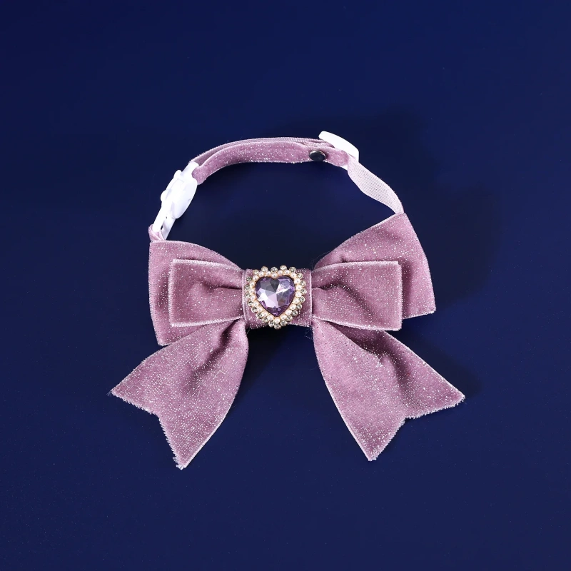1pcs Cats Collar Adjustable Anti-Choking Puppy Necklace Heart Shape Velvet Bow Tie Dog Collar Rhinestone Decoration Pet Collar