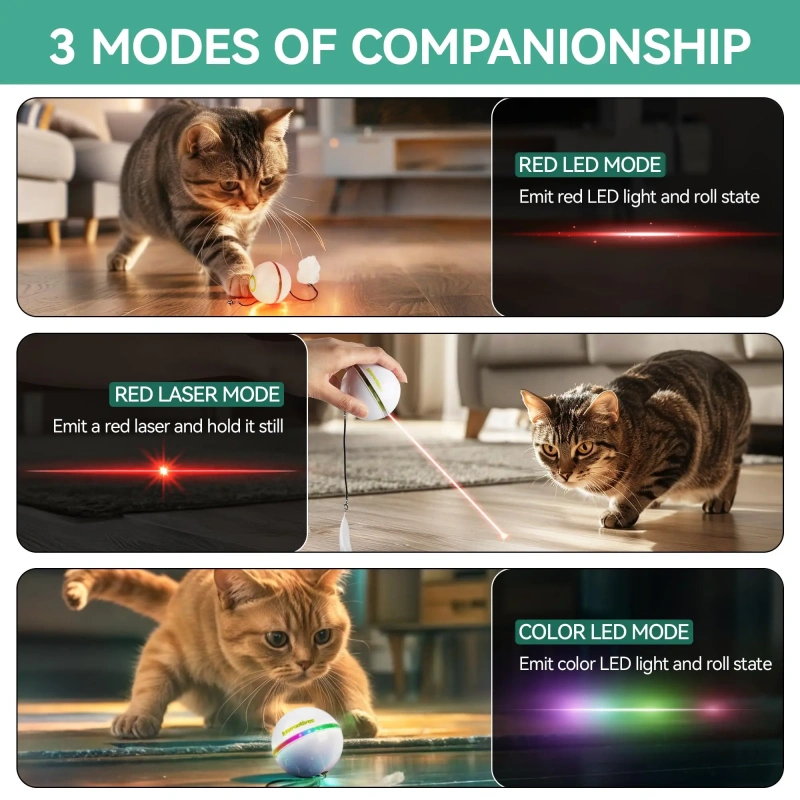 AFP Interactive Cat Automatic Rolling Ball With Feather & Jingle Bell Self Rotating Cat Laser Ball Toy With Spinning LED Lights