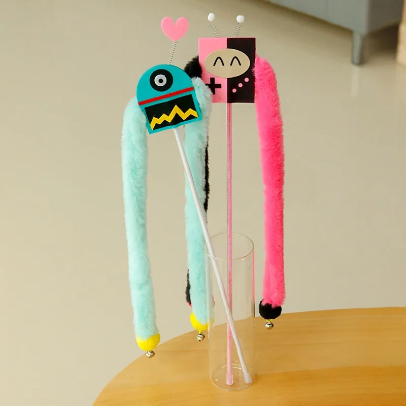 New Eco-Friendly Plush Cat Toys Long Hair Strips Teasing Sticks with Bells Robotic Teasers for Happy Cats