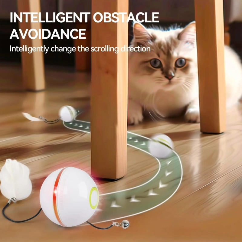 AFP Interactive Cat Automatic Rolling Ball With Feather & Jingle Bell Self Rotating Cat Laser Ball Toy With Spinning LED Lights