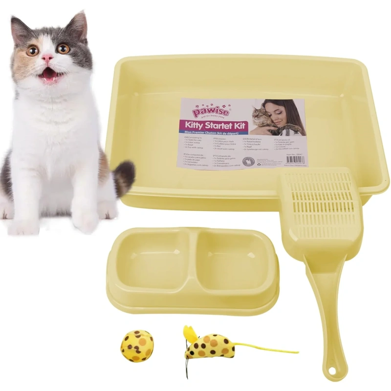 Pawise Multiple Colors Kitten Starter Kit Plastic Cat Litter Box Set With Litter Scoop Double Feeding Bowl Mouse Ball Catnip Toy