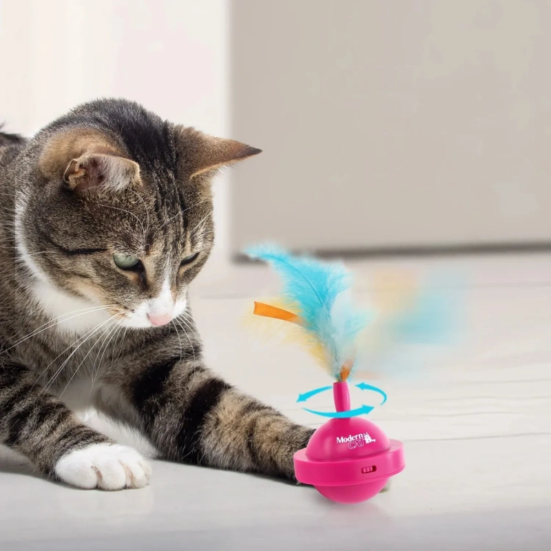 USB-Chargeable Interactive Cat Tease Toy 360° Automatic Rotation Plastic Training Stick Bite-Resistant Bowl Feather for Pet