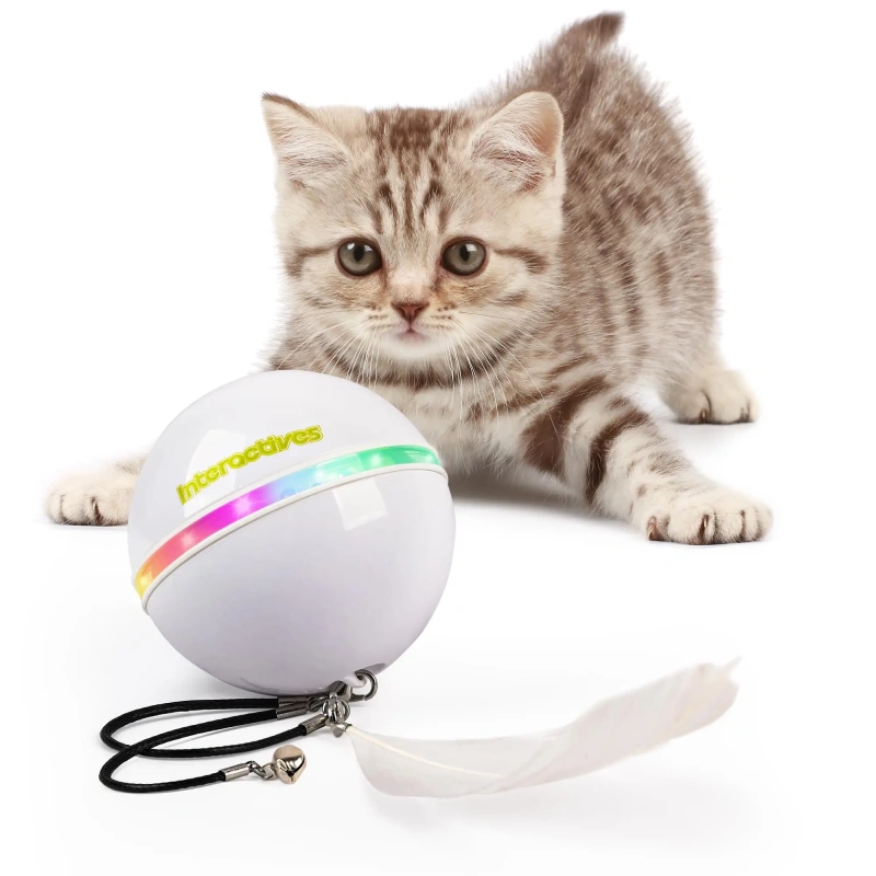 AFP Interactive Cat Automatic Rolling Ball With Feather & Jingle Bell Self Rotating Cat Laser Ball Toy With Spinning LED Lights