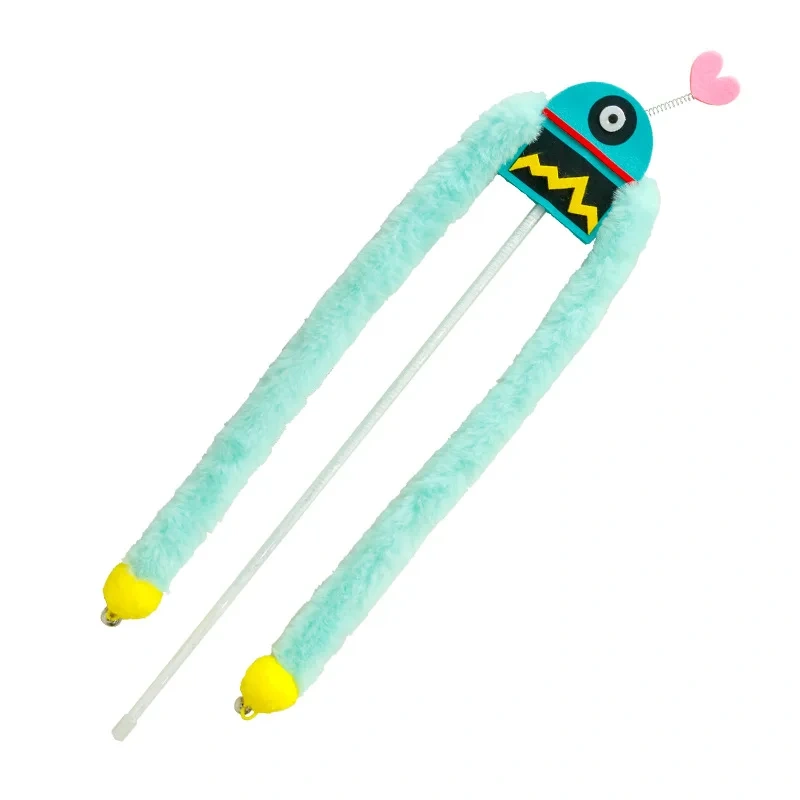 New Eco-Friendly Plush Cat Toys Long Hair Strips Teasing Sticks with Bells Robotic Teasers for Happy Cats