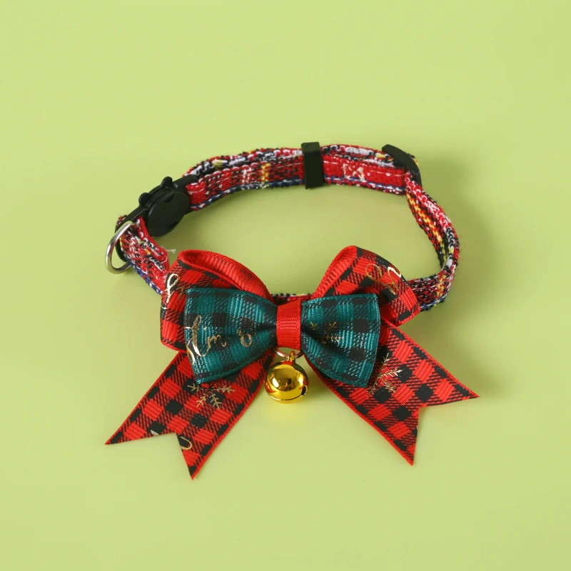 Jingle&Sparkle Merry Christmas Pet Bow Collar Anti-Choke Adjustable with Plaid Gold Foil Bows & Bells Festive Neckwear Cats Dogs