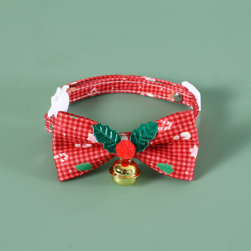Merry Christmas Pet Bow Collar Anti-Choke Adjustable with Plaid Gold Foil Bows & Bells