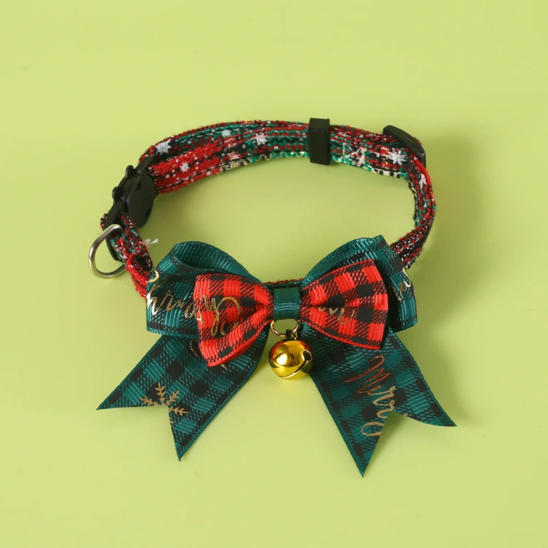 Jingle&Sparkle Merry Christmas Pet Bow Collar Anti-Choke Adjustable with Plaid Gold Foil Bows & Bells Festive Neckwear Cats Dogs