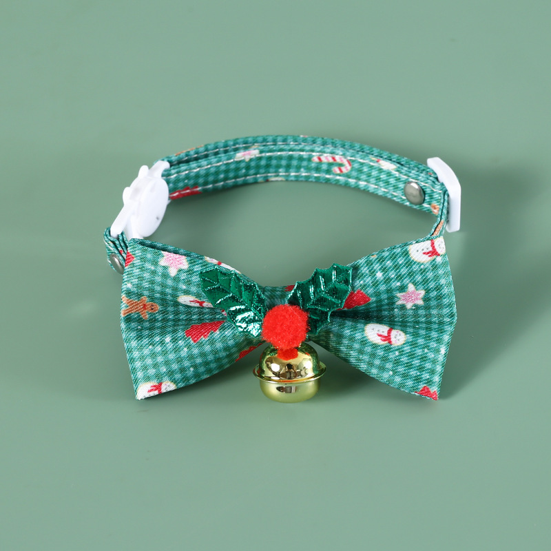 Merry Christmas Pet Bow Collar Anti-Choke Adjustable with Plaid Gold Foil Bows & Bells