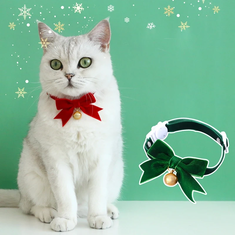 Cat Necklace Velvet Bow Collar with Bell Puppy Grooming Accessories Adjustable Soft Anti-choking Pets Outdoor Walking Supplies