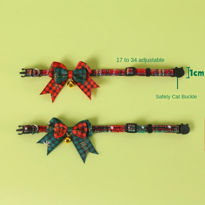 Jingle&Sparkle Merry Christmas Pet Bow Collar Anti-Choke Adjustable with Plaid Gold Foil Bows & Bells Festive Neckwear Cats Dogs