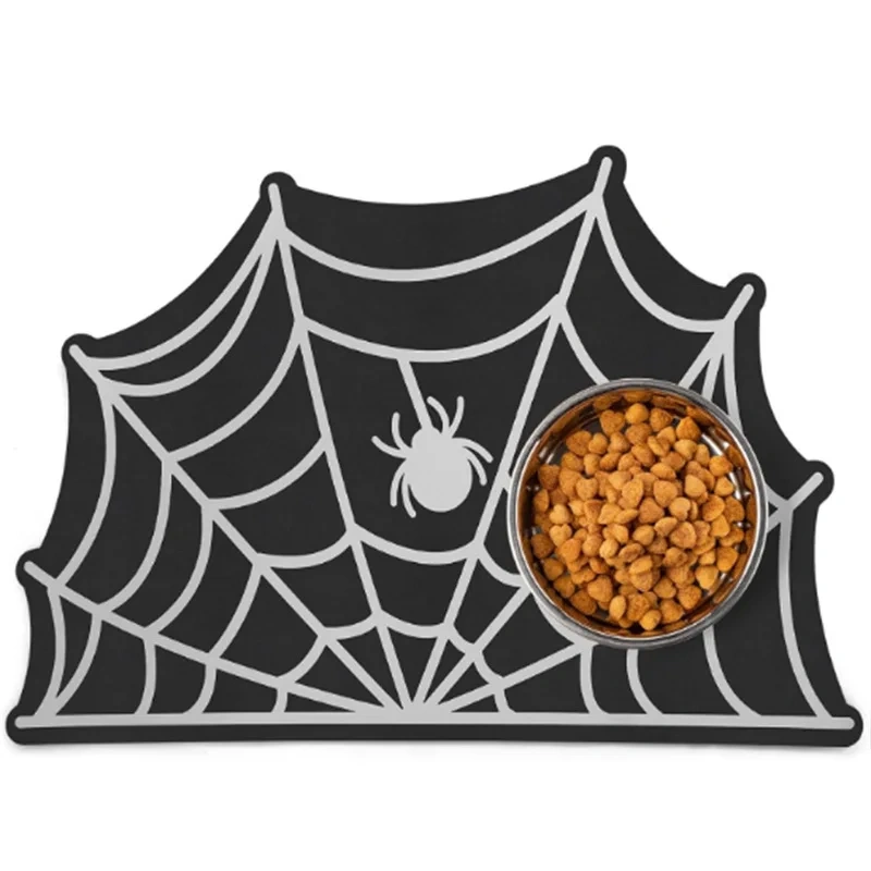 Halloween Spider Web Bat-shape Pet Feeding Mat Non-Slip Spillproof Protector Easy Clean Dining Mat Spooky Home Decor for Cat Dog