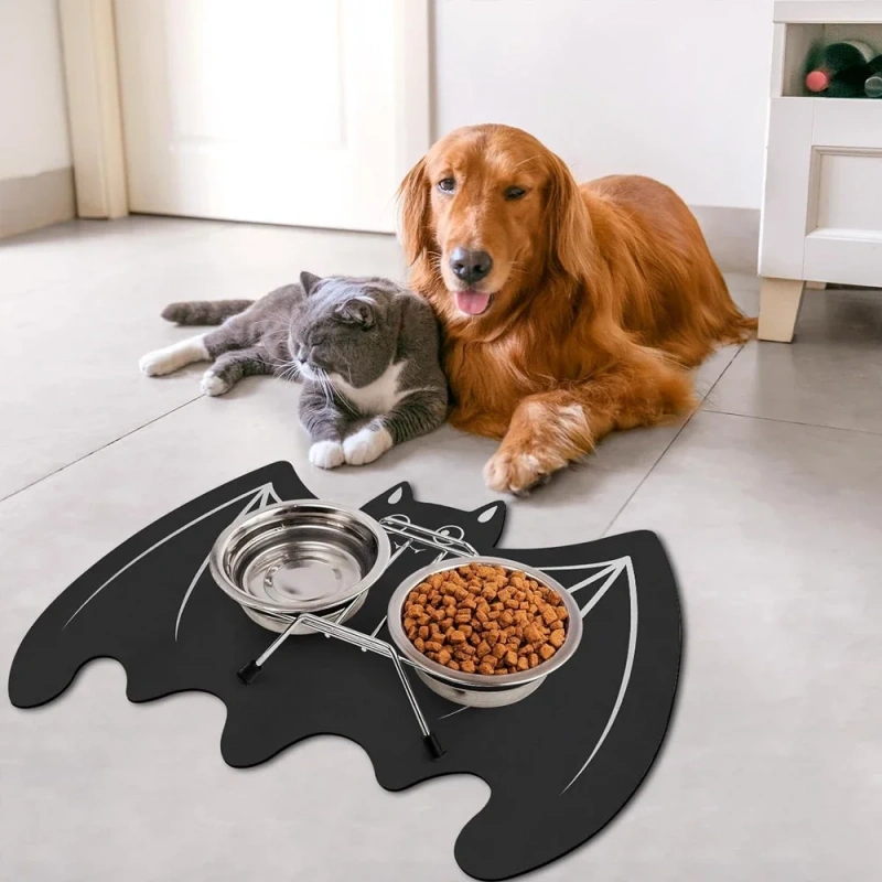 Halloween Spider Web Bat-shape Pet Feeding Mat Non-Slip Spillproof Protector Easy Clean Dining Mat Spooky Home Decor for Cat Dog