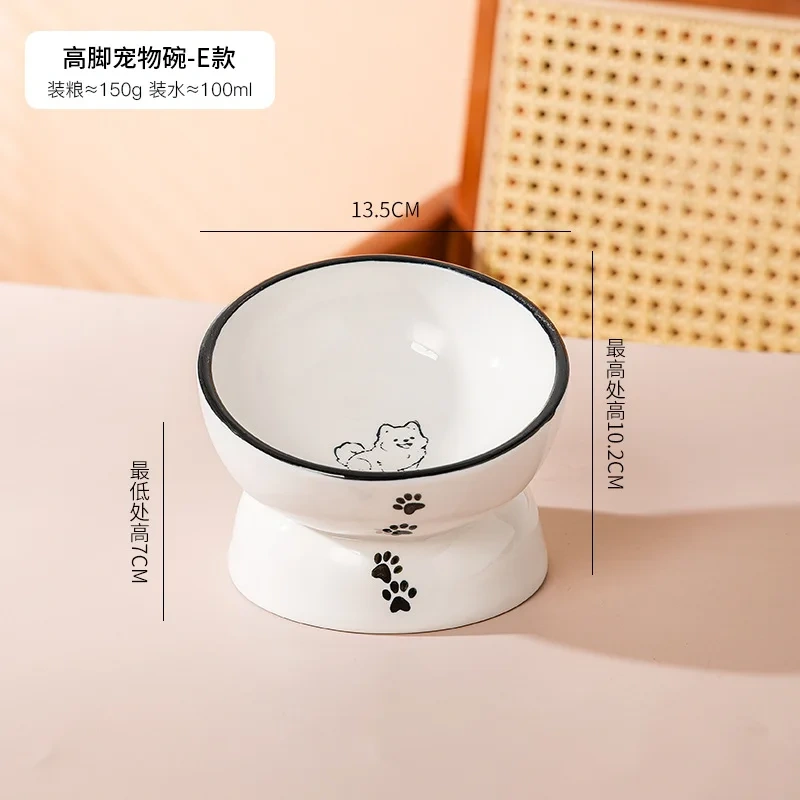 Cartoon Patterned Ceramic Pet Bowl High Foot Integrated Oblique Mouth Neck Protection Dog Feeder for Dogs Cats Food Water Bowl