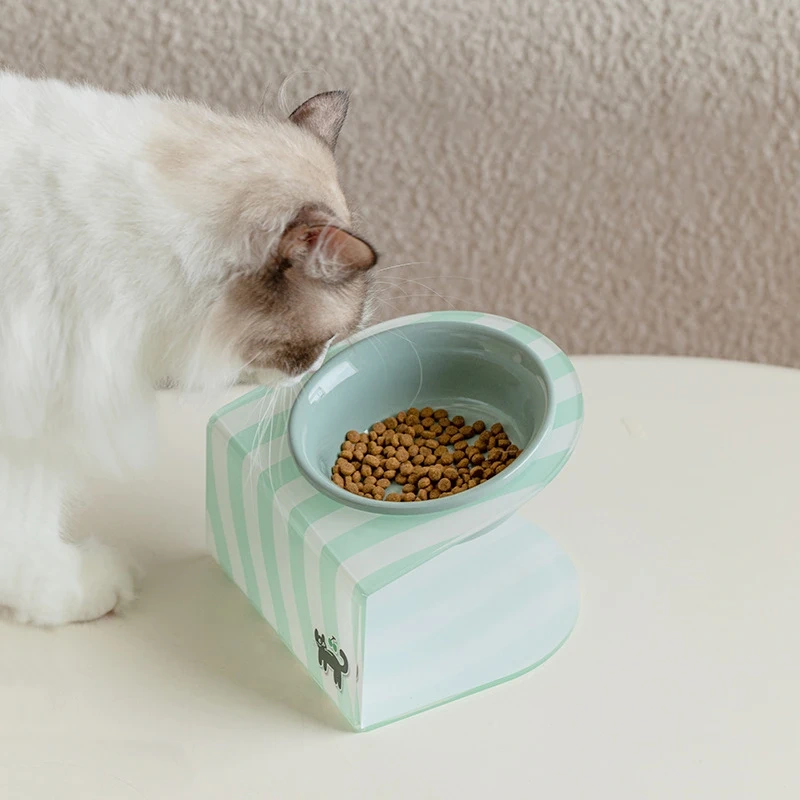 Ceramic Elevated Cat Food and Water Bowls with Stand, Anti-Slip Raised Pet Feeder for Cats and Small Dogs