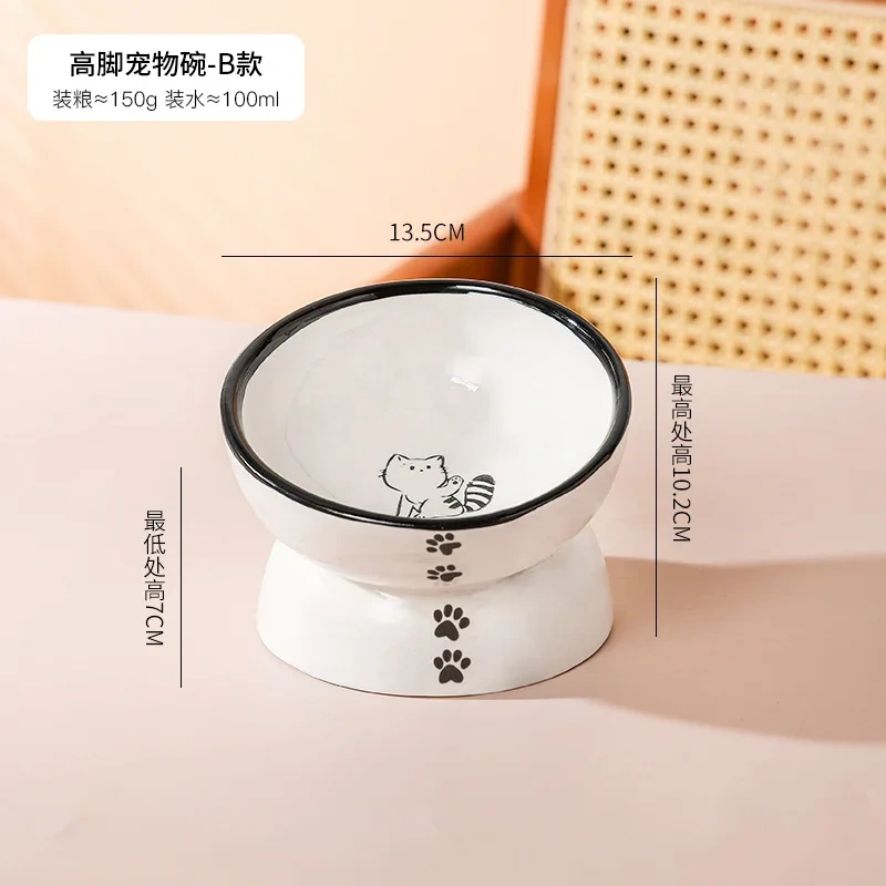 Cartoon Patterned Ceramic Pet Bowl High Foot Integrated Oblique Mouth Neck Protection Dog Feeder for Dogs Cats Food Water Bowl