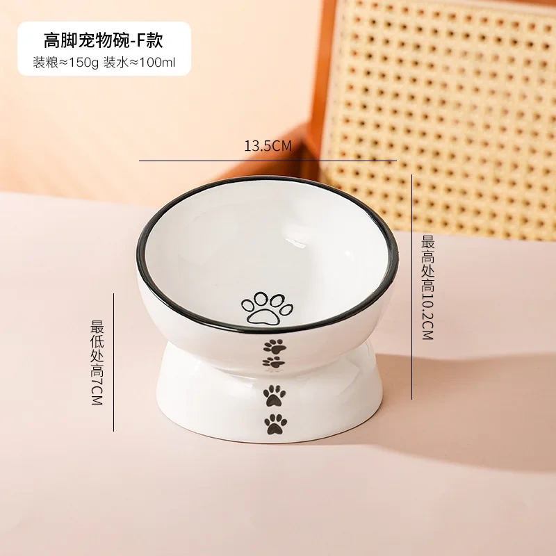 Cartoon Patterned Ceramic Pet Bowl High Foot Integrated Oblique Mouth Neck Protection Dog Feeder for Dogs Cats Food Water Bowl