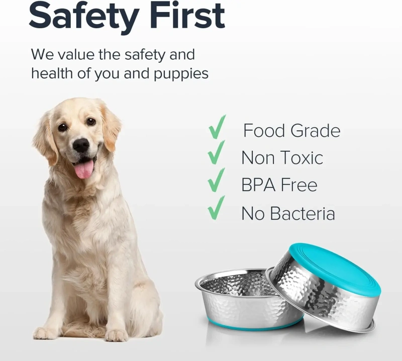 Stainless Steel Dog Bowls Hammered Dog Food Water Bowls Non-Slip Bottom Eco-Friendly Pet Feeder Bowl for Large Medium Dogs Dish
