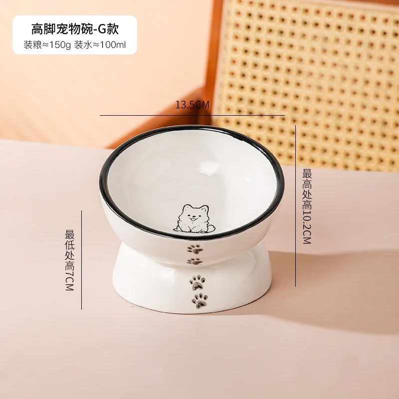 Cartoon Patterned Ceramic Pet Bowl High Foot Integrated Oblique Mouth Neck Protection Dog Feeder for Dogs Cats Food Water Bowl