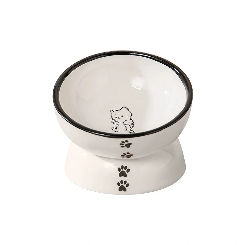 Cartoon Patterned Ceramic Pet Bowl High Foot Integrated Oblique Mouth Neck Protection Dog Feeder for Dogs Cats Food Water Bowl