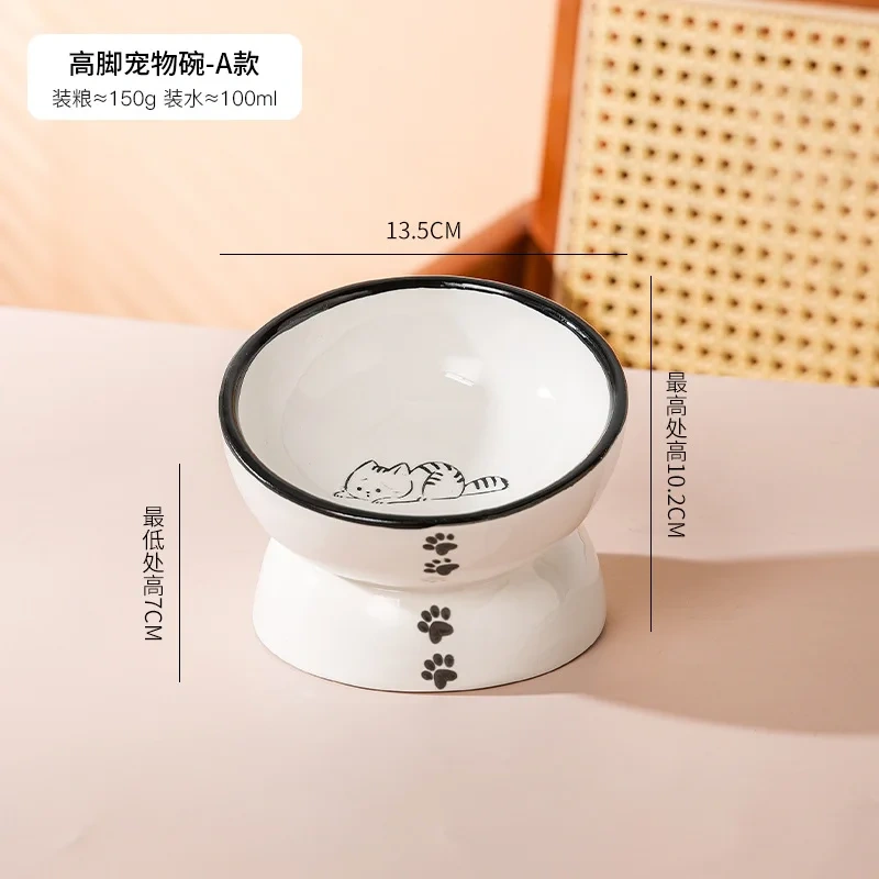 Cartoon Patterned Ceramic Pet Bowl High Foot Integrated Oblique Mouth Neck Protection Dog Feeder for Dogs Cats Food Water Bowl