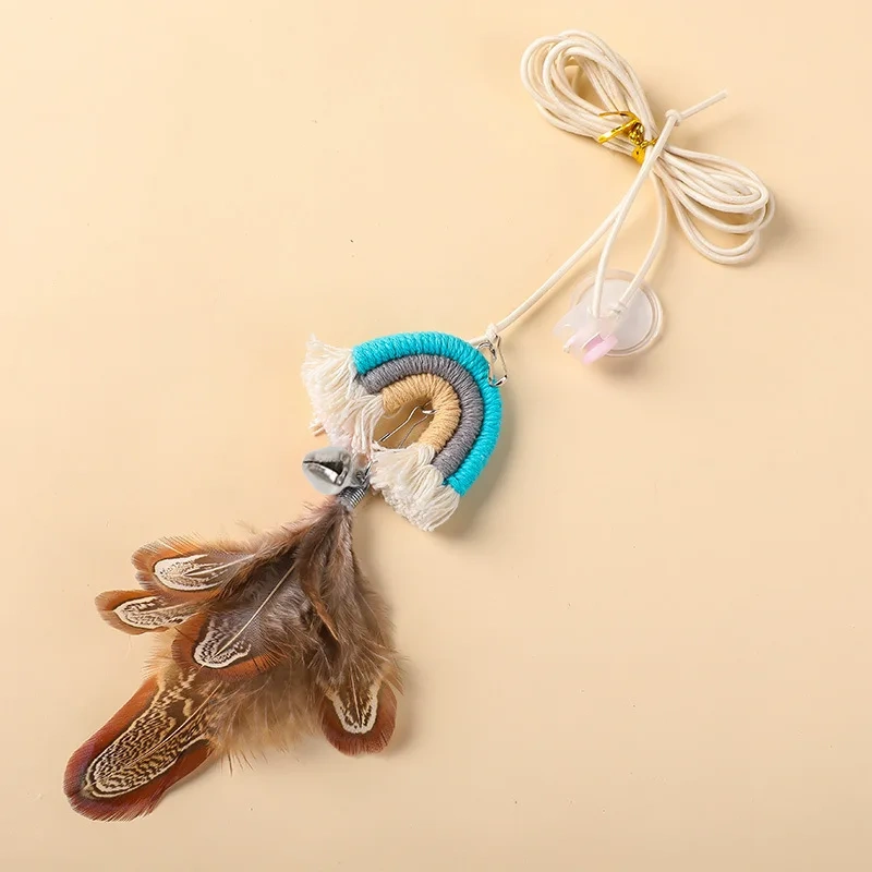 Rainbow Door Hanging Cat Teaser,Elastic Swing Feather Bell Toy with Adhesive Hook, Self Play Interactive Boredom Relief for Cats