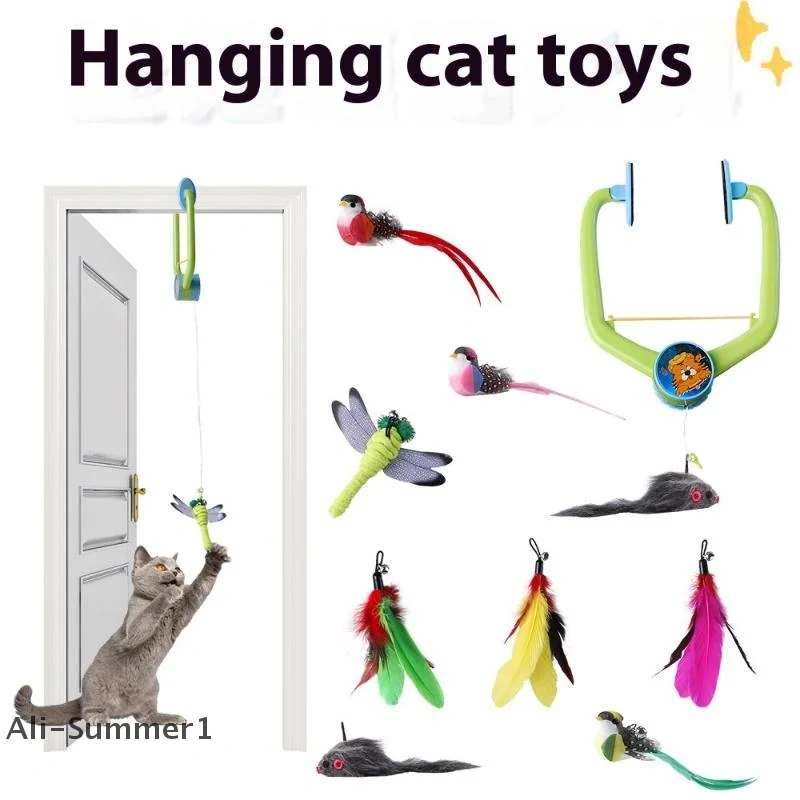 【E】Interactive Hanging Cat Toy for Door, Self-Play Teaser with Swinging Feathers & Replaceable Prey Attachments