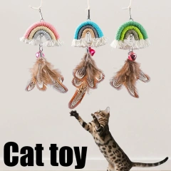 Rainbow Door Hanging Cat Teaser,Elastic Swing Feather Bell Toy with Adhesive Hook, Self Play Interactive Boredom Relief for Cats