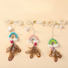 Rainbow Door Hanging Cat Teaser,Elastic Swing Feather Bell Toy with Adhesive Hook, Self Play Interactive Boredom Relief for Cats