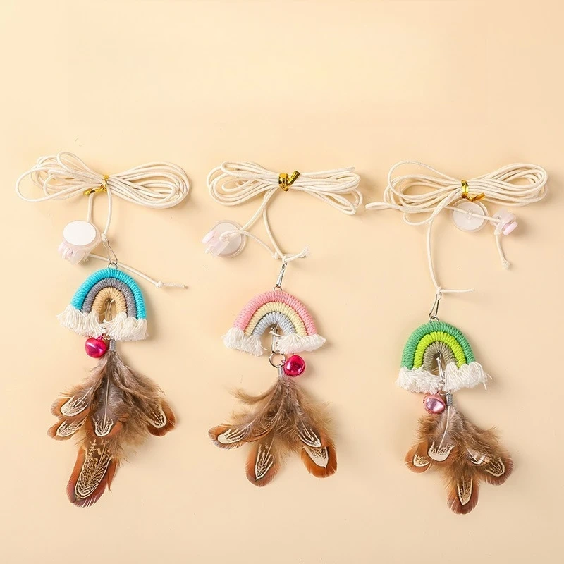 Rainbow Door Hanging Cat Teaser,Elastic Swing Feather Bell Toy with Adhesive Hook, Self Play Interactive Boredom Relief for Cats