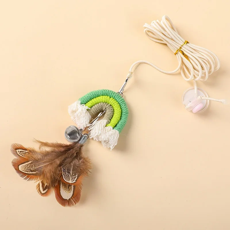 Rainbow Door Hanging Cat Teaser,Elastic Swing Feather Bell Toy with Adhesive Hook, Self Play Interactive Boredom Relief for Cats