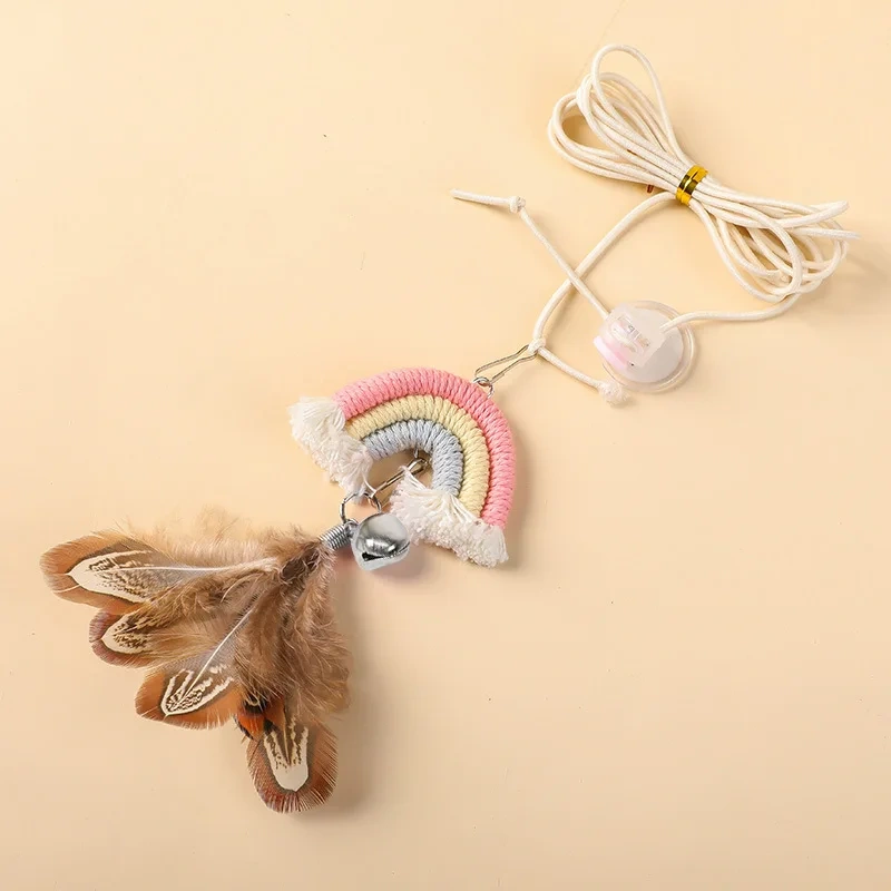 Rainbow Door Hanging Cat Teaser,Elastic Swing Feather Bell Toy with Adhesive Hook, Self Play Interactive Boredom Relief for Cats