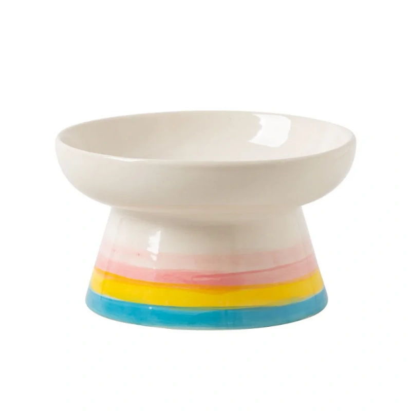 Ceramic Cat Bowl Handmade Flat/Slanted Mouth Pet Food Bowl Anti Tipping Cervical Spine Protection Cat Elevated Bowl for Feeding