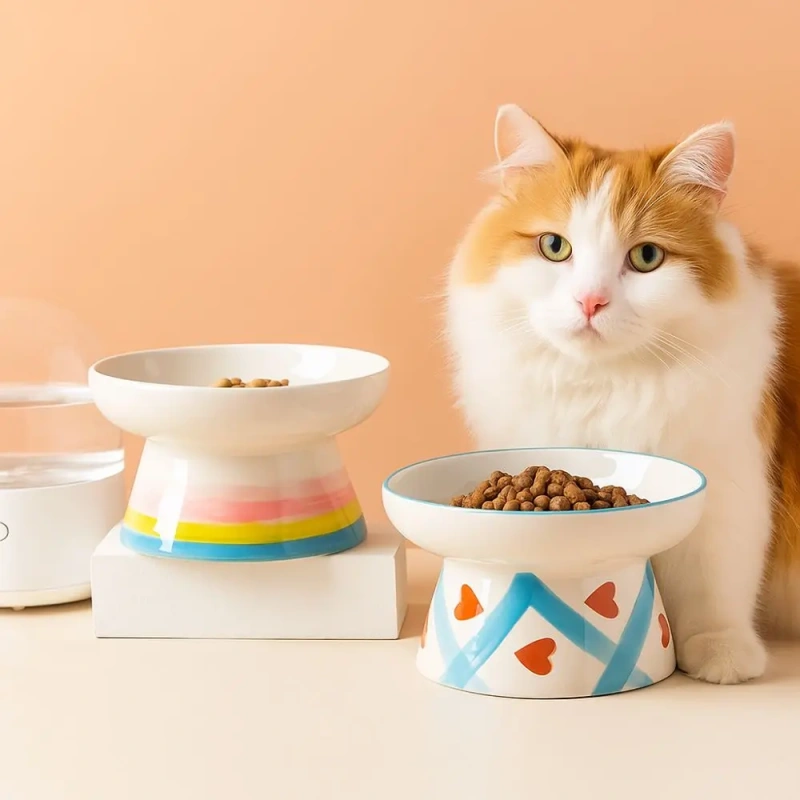 Ceramic Cat Bowl Handmade Flat/Slanted Mouth Pet Food Bowl Anti Tipping Cervical Spine Protection Cat Elevated Bowl for Feeding