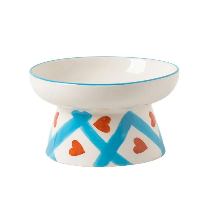 Ceramic Cat Bowl Handmade Flat/Slanted Mouth Pet Food Bowl Anti Tipping Cervical Spine Protection Cat Elevated Bowl for Feeding
