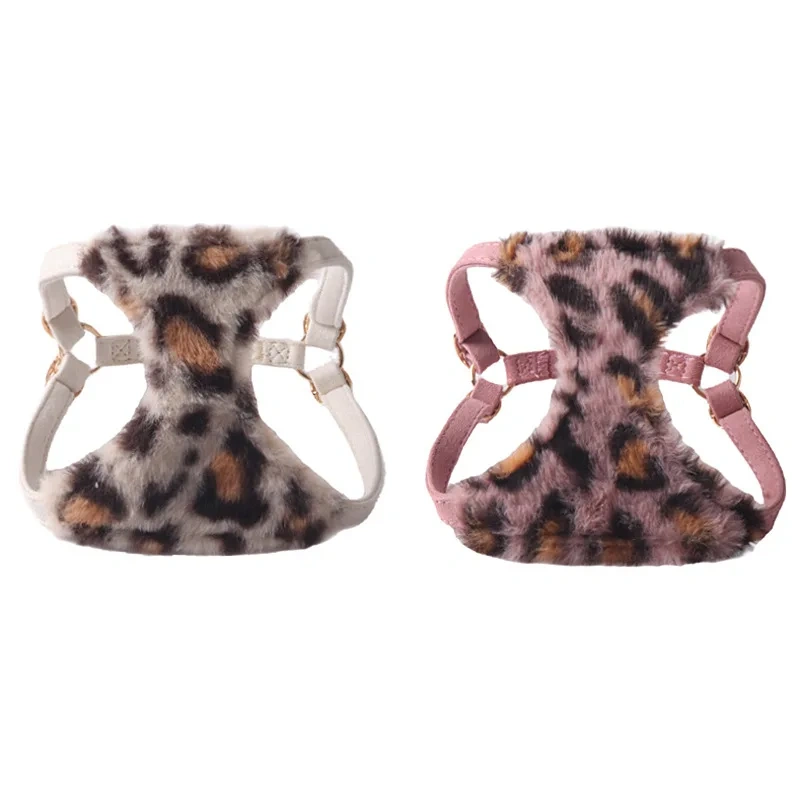 New Arrival Leopard Print Dog Harness & Leash Set - Faux Rabbit Fur Pet Harness Pet Leash with Dual Buckles Safety