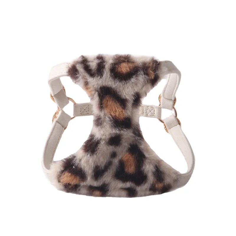 New Arrival Leopard Print Dog Harness & Leash Set - Faux Rabbit Fur Pet Harness Pet Leash with Dual Buckles Safety