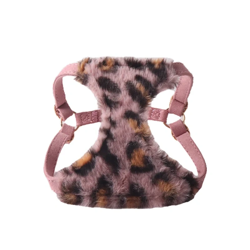 New Arrival Leopard Print Dog Harness & Leash Set - Faux Rabbit Fur Pet Harness Pet Leash with Dual Buckles Safety